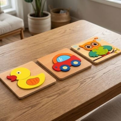 Puzzle enfant poussin voiture et hibou