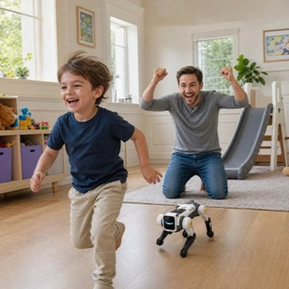 Robot chien coure derriere enfant dans le salon