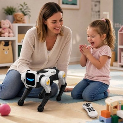 Maman et sa fille jouent avec Robot chien