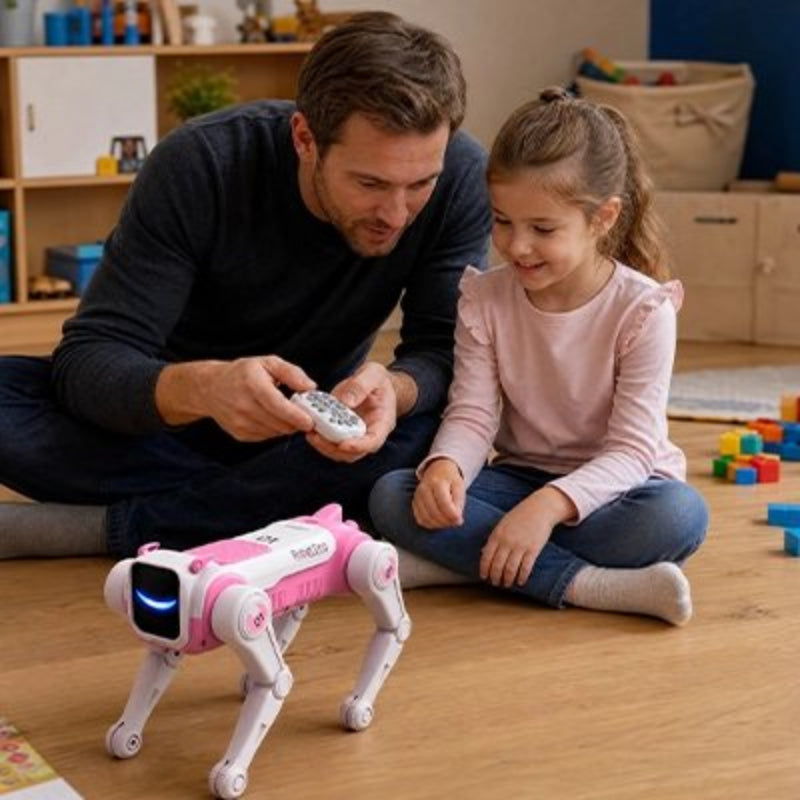 papa jouemavec sa fille avec le Robot chien