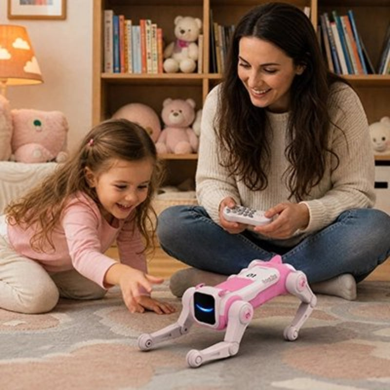 maman et sa fille joue avec Robot chien telecommandé  dans la maison