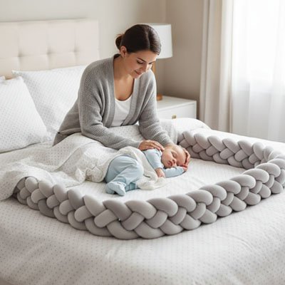 Tresse de lit grise bébé avec maman sur le lit 