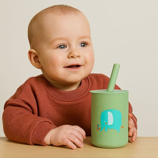 Verre bebe vert avec dessin éléphone