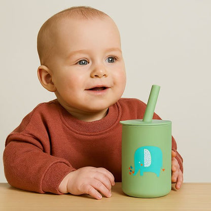 Verre bebe vert avec dessin éléphone