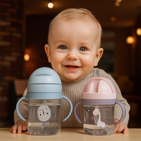 Verre bebe rose bleu bébé sur côté souriant
